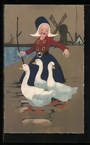 Künstler-AK Meissner & Buch (M&B) Nr. 1901: Kleine Holländerin hütet die Gänse