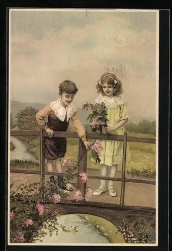 Künstler-AK Meissner & Buch (M&B) Nr. 1436: Kinderpaar mit Blumen auf Brücke