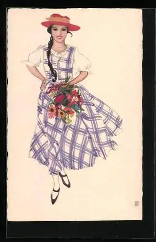 Künstler-AK Meissner & Buch (M&B) Nr. 2387: Junge Dame im karierten Kleid