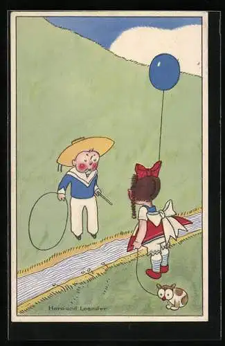 AK Hero und Leander mit Luftballon und Hund