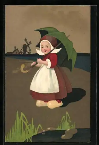 AK Kleines Mädchen mit Schirm vor Windmühle, niederländische Tracht