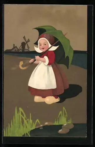 AK Kleines Mädchen mit Schirm vor Windmühle, niederländische Tracht