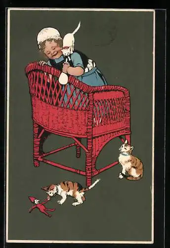Künstler-AK Meissner & Buch (M&B) Nr. 1378: Kinderhumor - Mädchen auf Korbsessel mit Kätzchen