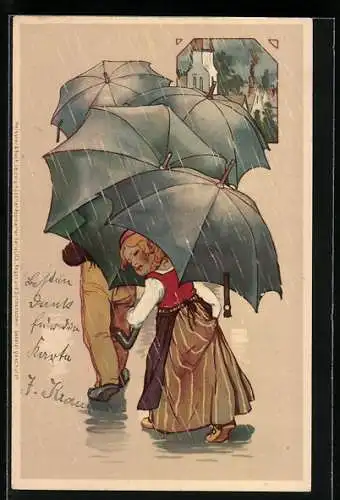 AK Frauen und Männer mit Regenschirmen, Kirche, Meteorologie