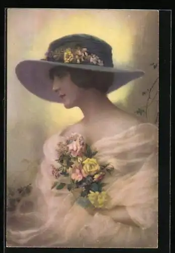 AK Junge Frau mit Hut und Sommerblumenstrauss, Art Deco