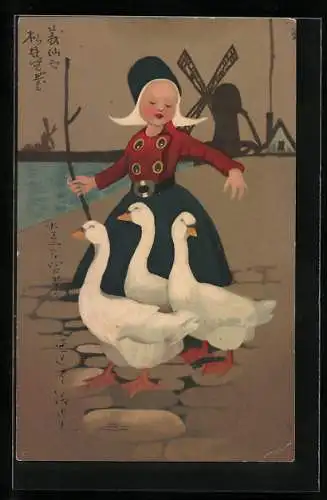 Künstler-AK Meissner & Buch (M&B) Nr. 1901: Kleine Holländerin hütet die Gänse