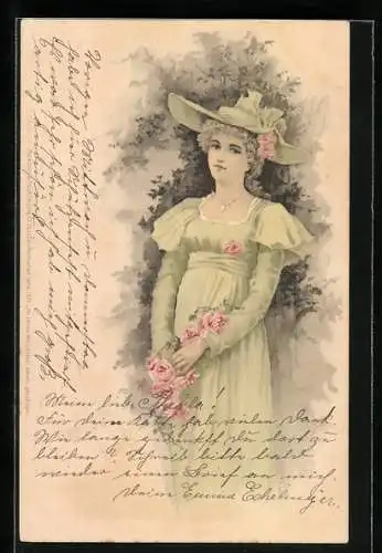 AK Junge Frau hält gelbe Rosen in der Hand, Jugendstil