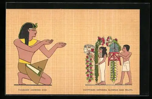 AK Pharaoh adoring God, Egyptians offering Flowers and Fruits, Ausgrabung