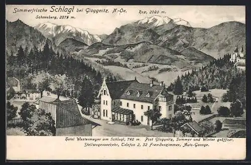 AK Raach am Hochgebirge, Schlagl, Hotel Westermayer am Schlag, im Hintergrund Rax und Schneeberg