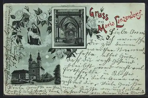 Mondschein-Lithographie Maria Lanzendorf, Kirche, Innen- und Aussenansicht