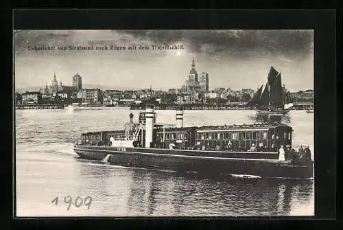 AK Stralsund, Panorama, Überfahrt von Stralsund nach Rügen mit dem Trajectschiff Putbus