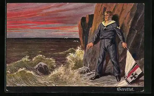 Künstler-AK Matrose mit Reichskriegsfahne hat sich aus dem Meer an einen Felsen gerettet