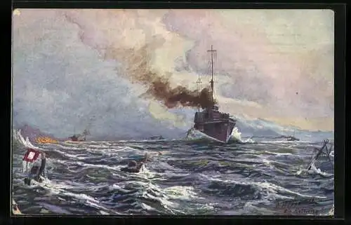 Künstler-AK Skagerrak, Rettung durch Torpedoboote