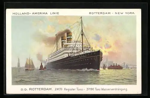 Künstler-AK T.S.S. Rotterdam die Küste New Yorks verlassend