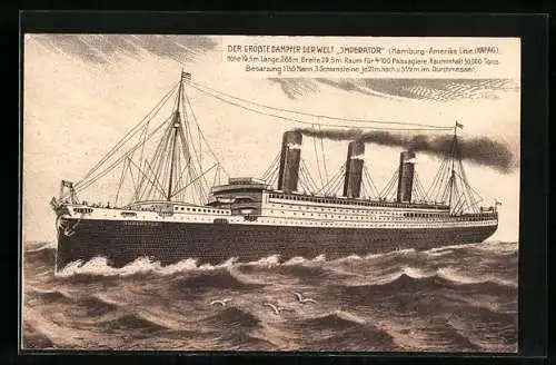 Künstler-AK Passagierschiff Imperator der H.-A.-Linie auf hoher See