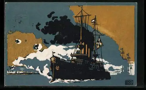 Künstler-AK sign. Adolf Scholz: Kriegsschiff bei voller Fahrt