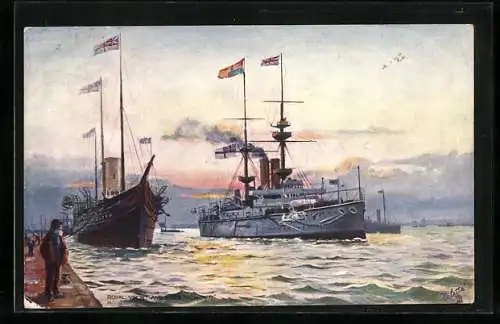 Künstler-AK Kriegsschiff HMS Renown & Royal Yacht der British Royal Navy