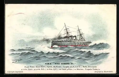 Künstler-AK H.M.S. King Edward VII im hohen Wellengang