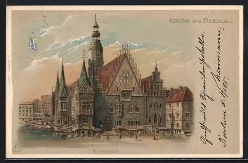 Lithographie Breslau, Rathaus bei Mondschein