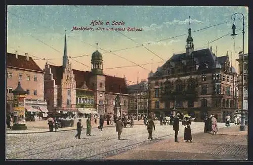 AK Halle an der Saale, Marktplatz, Altes und neues Rathaus