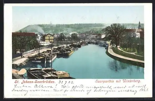 AK St. Johann-Saarbrücken, Flusspartie mit Winterberg