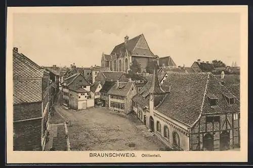 AK Braunschweig, Ottilienteil mit Kirche und Fachwerkhaus