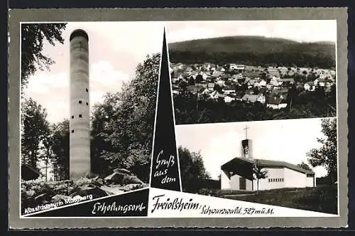 AK Freiolsheim /Schwarzwald, Teilansicht, Kirche, Aussichtsturm Mahlberg