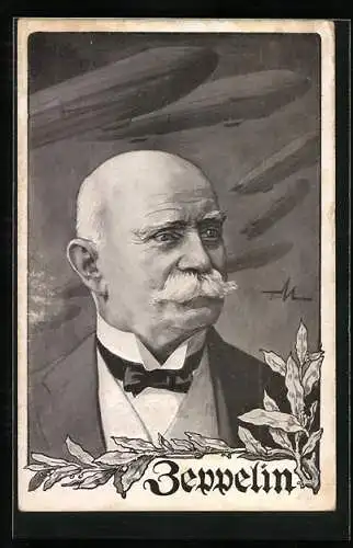 AK Portrait des Grafen von Zeppelin, Luftschiffe über ihm