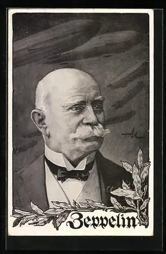 AK Portrait des Grafen von Zeppelin, Luftschiffe über ihm
