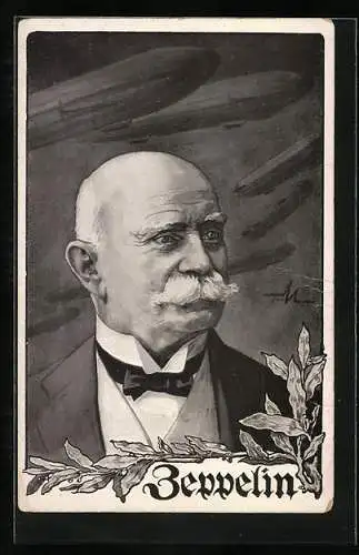 AK Portrait des Grafen von Zeppelin, Luftschiffe über ihm
