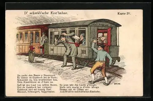 Lithographie D` schwäb`sche Eisenbahn, Bauer attackiert einen Schaffner