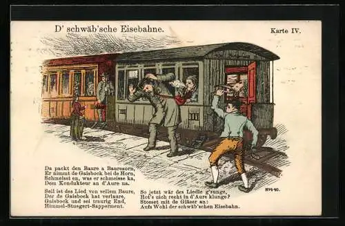 Lithographie D` schwäb`sche Eisenbahn, Bauer attackiert einen Schaffner