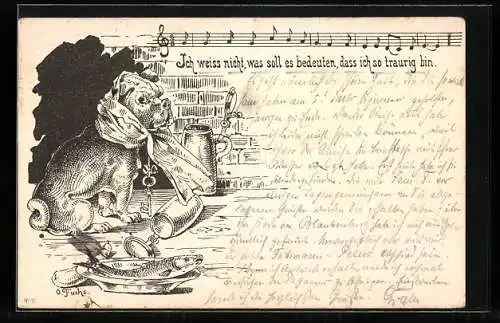 Lithographie Ich weiss nicht, was soll es bedeuten..., Hund mit Schal, Bierkrug