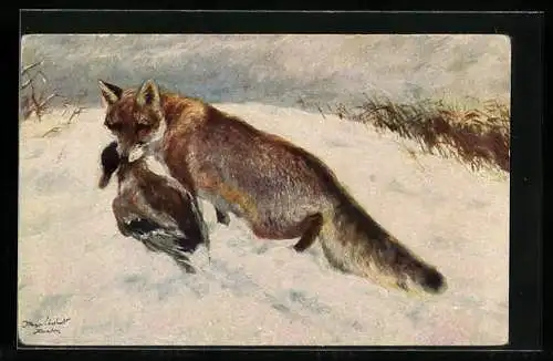 Künstler-AK Degi Nr. 1208: Reineke der Fuchs, Fuchs trägt seine Beute durch den Schnee, Ölgemälde-Imitations-AK