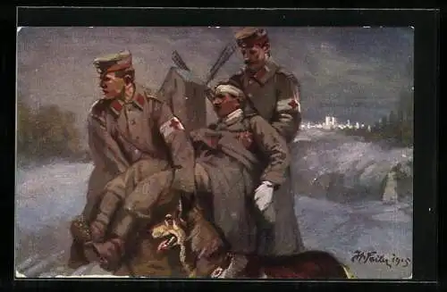 AK Transport des vom Sanitätshund aufgestöberten Verwundeten im Winter, Mühle