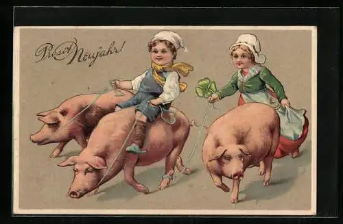 Präge-Lithographie Zwei Kinder reiten auf Glücksschweinen, Neujahrsgruss