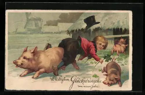 Lithographie Kleiner Holländer mit Schweinen und Glücksklee, Neujahrsgruss
