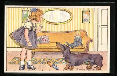 Lithographie Kleines Mädchen mit Dackel und Puppe in der Stube