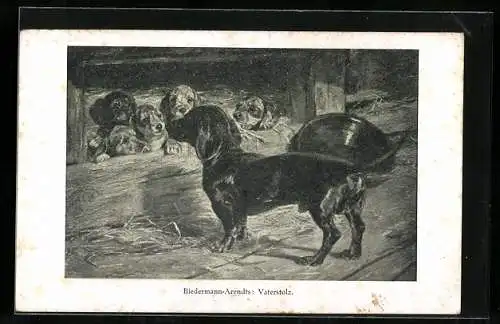 AK Vaterstolz, Dackel vor Dackelfamilie im Stroh