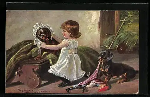 AK Kleines Mädchen beim Spiel mit zwei Dackeln