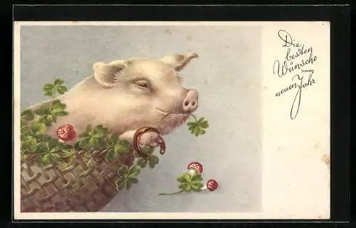 AK Schwein im Korb mit Hufeisen und Glücksklee, Neujahrsgruss