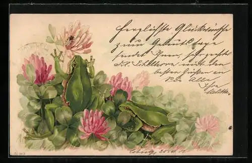 Lithographie Zwei Frösche mit Fliege im blühenden Klee