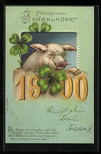 Lithographie Jahreszahl 1900, Glücksschwein trägt ein Kleeblatt in der Schnauze