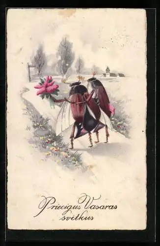 Lithographie Maikäferpaar mit Fliederstrauss beim Wandern auf der Landstrasse