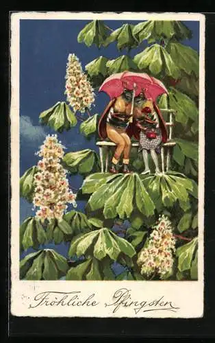 AK Maikäfer rücken unter rosa Schirm zusammen