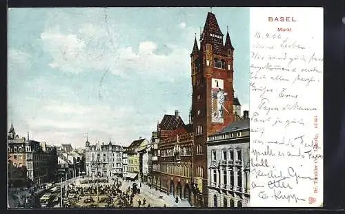 AK Basel, Stände und Strassenbahn auf dem Markt