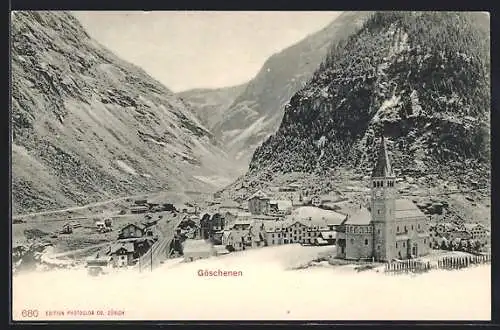 AK Göschenen, Ortspartie gegen Berghänge