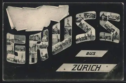 AK Zürich, Stadtansichten im Schriftzug