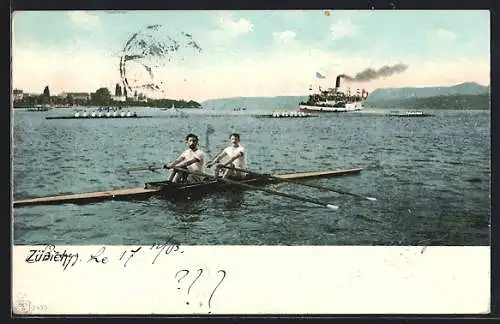 AK Zürich, Ruderer auf einem See mit Dampfschiff