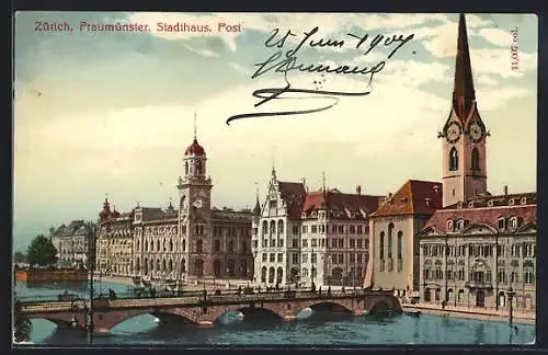 AK Zürich, Fraumünster, Stadthaus, Post